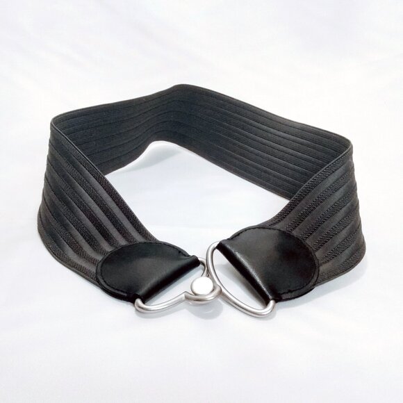 Old Navy-Material/Faux Leather-Black/Grey  Stretchy Wide Belt-M - Picture 1 of 11